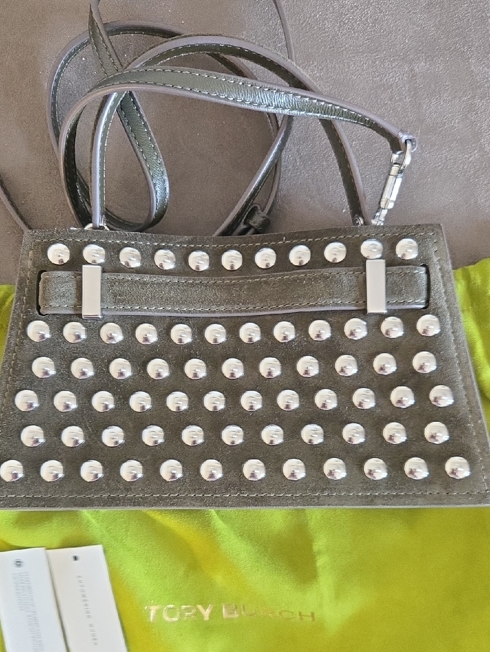 Tory Burch Olive Green  Sued Satchel with Silver Accents - Picture 3 of 11